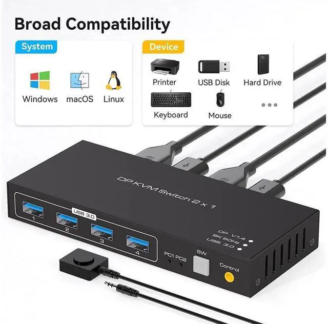 Alt view image 6 of 7 - 2 Port Displayport KVM Switch 2 in 1 Out, 8K DisplayPort 1.4 USB 3.0 KVM Switch for 2 Computers Share Keyboard Mouse Printer Support 8K 60HZ 4K 120Hz with 4 Port USB 3.0 Support Desktop Control