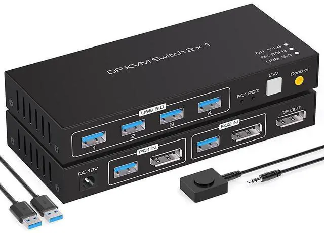 Main image of 2 Port Displayport KVM Switch 2 in 1 Out, 8K DisplayPort 1.4 USB 3.0 KVM Switch for 2 Computers Share Keyboard Mouse Printer Support 8K 60HZ 4K 120Hz with 4 Port USB 3.0 Support Desktop Control