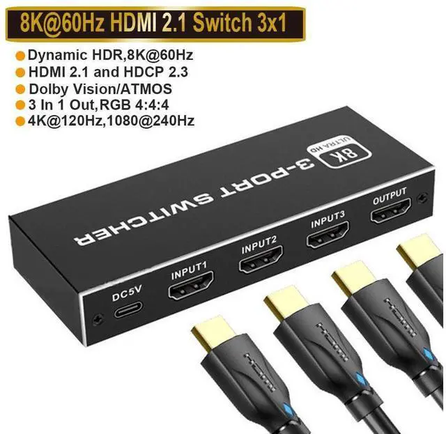 Main image of 8K 60Hz 4K120Hz 48Gbps HDMI Switch 3 in 1 OutHDMI 2.1 HDCP2.33D HDR 10 Dolby Atmos Compatible with PS5, Computer Graphics Card, Player, etc. (4Port) eokCXOY