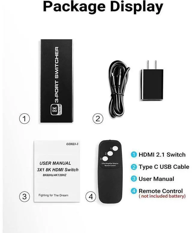 Alt view image 7 of 7 - 8K 60Hz 4K120Hz 48Gbps HDMI Switch 3 in 1 OutHDMI 2.1 HDCP2.33D HDR 10 Dolby Atmos Compatible with PS5, Computer Graphics Card, Player, etc. (4Port) eokCXOY