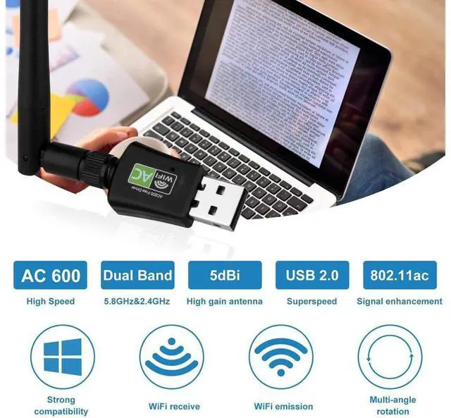 Alt view image 5 of 7 - WiFi Adapter 600Mbps USB Wireless Network Adapter with High Gain Antenna, No CD ROM Required AC600 WiFi Dongle 5GHz/2.4GHz Dual Band USB Wireless Adapter Supports Windows XP/Vista/7/8/10 eokCXOY
