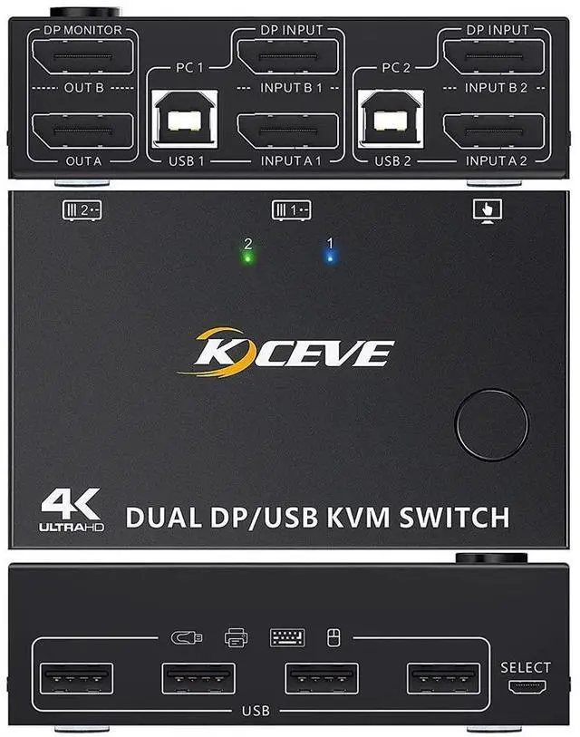 Alt view image 2 of 7 - 2 Port Dual Monitor Displayport KVM Switch 2 Computer 2 Monitors, Two Monitors Displayport USB DP KVM Dual Monitor Switcher 2 in 2 Out, Supports 4K @60Hz for 2 PCs sharing keyboard, mouse and monitor