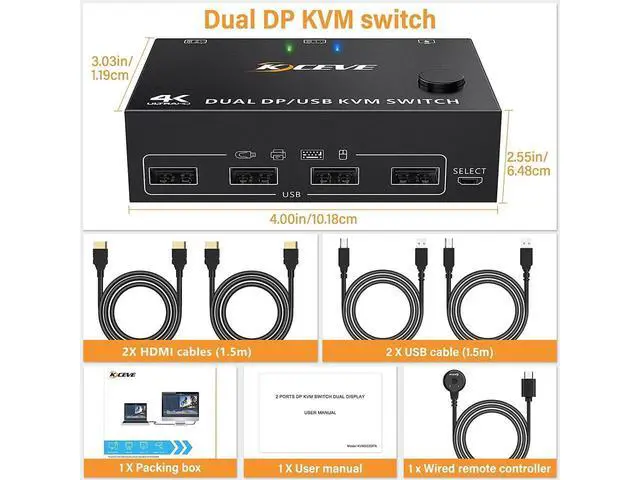 Alt view image 7 of 7 - 2 Port Dual Monitor Displayport KVM Switch 2 Computer 2 Monitors, Two Monitors Displayport USB DP KVM Dual Monitor Switcher 2 in 2 Out, Supports 4K @60Hz for 2 PCs sharing keyboard, mouse and monitor