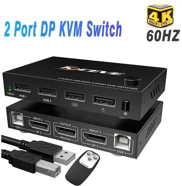 Main image of 2 Port Displayport USB KVM Switch 2 in 1 Out, DisplayPort 2 Port DP Display Port KVM Switcher with 2.0 USB Hub Support 4K @60Hz (3840*2160) for Share Keyboard Mouse Monitor eokCXOY