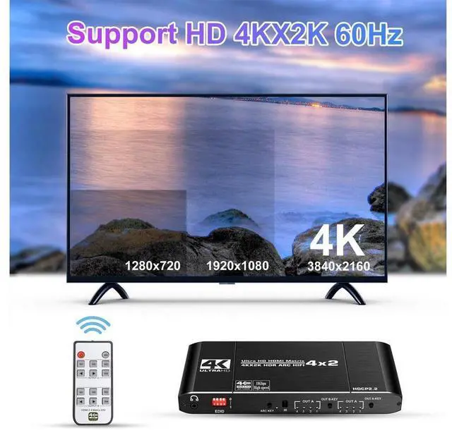 Alt view image 6 of 7 - HDMI 2.0 Matrix Switcher Splitter 4x2 4K@60Hz HDR UHD 18Gbps ARC Audio Extractor SPDIF Coaxial 3.5mm Audio EDID Setting HDCP2.2 eokCXOY