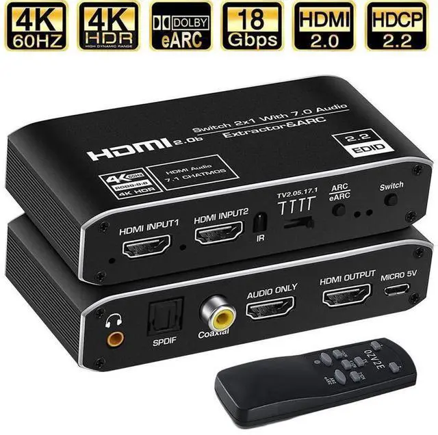Main image of HDMI Audio Extractor, 2x1 HDMI Switch to HDMI + Optical Toslink SPDIF + 3.5mm Audio Jack + Coaxial + 7.1Ch HDMI Audio Support ARC and eARC Function for Apple TV PS4 eokCXOY