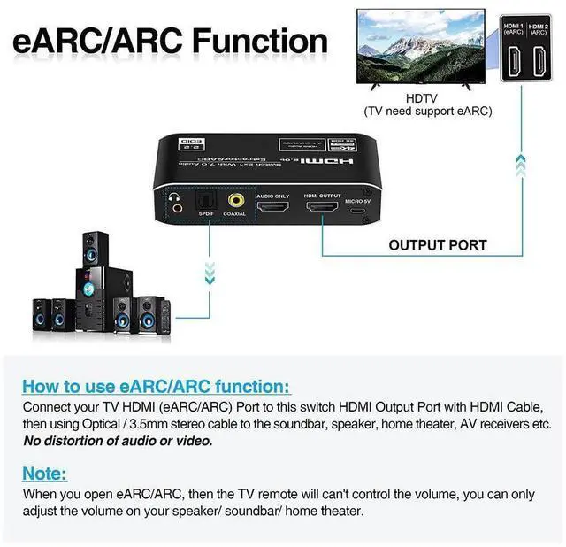Alt view image 3 of 7 - HDMI Audio Extractor, 2x1 HDMI Switch to HDMI + Optical Toslink SPDIF + 3.5mm Audio Jack + Coaxial + 7.1Ch HDMI Audio Support ARC and eARC Function for Apple TV PS4 eokCXOY