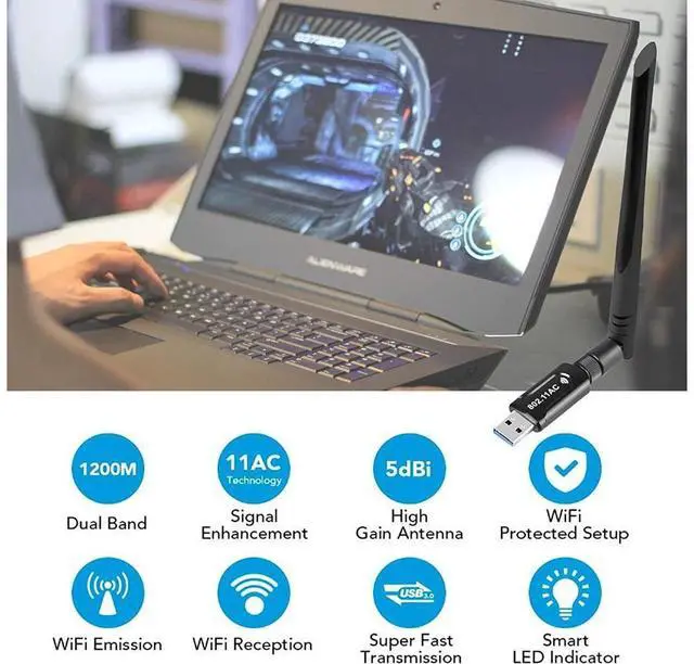 Alt view image 2 of 7 - USB 3.0 Wifi Adapter - AC1200 Dual Band (5.8G/867Mbps + 2.4 G/300Mbps) 802.11ac Wifi Dongle USB 3.0 Wireless Network Adapter for PC Desktop Laptop Tablet eokCXOY