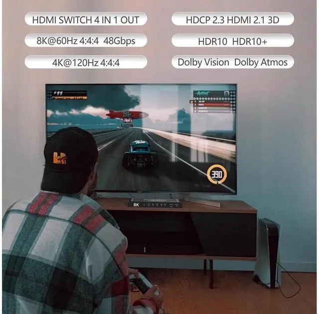 Alt view image 3 of 7 - 4 Port HDMI 2.1 Switch 4K@120Hz 8K@60Hz, 48Gbps transfer rate, HDMI Switcher 4 in 1 Out Support PS-5, X-box Series X, HDR10+, Do-lby Vision Do-l-by At-mos eokCXOY