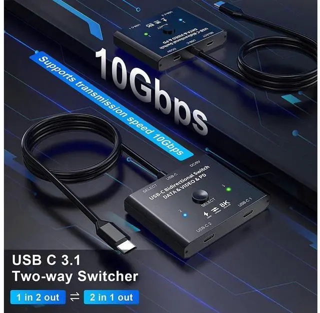 Alt view image 6 of 7 - USB C Switch 2 in 1 Out or 1 in 2 Out, Bi-Directional USB Type C KVM Switch Support 8K @60Hz 4K @120Hz Video/10Gbps Data Transfer/100W Charging,Compatible with Thunderbolt Device eokCXOY