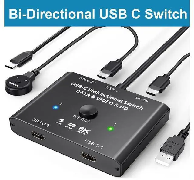 Main image of USB C Switch 2 in 1 Out or 1 in 2 Out, Bi-Directional USB Type C KVM Switch Support 8K @60Hz 4K @120Hz Video/10Gbps Data Transfer/100W Charging,Compatible with Thunderbolt Device eokCXOY