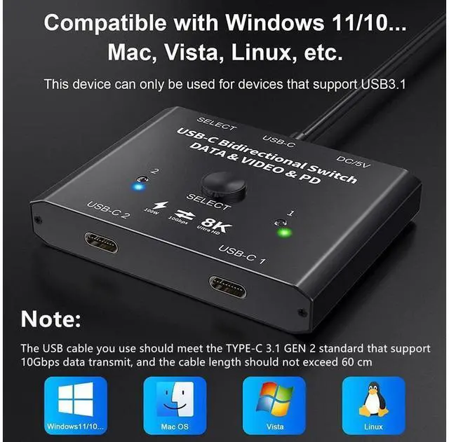 Alt view image 5 of 7 - USB C Switch 2 in 1 Out or 1 in 2 Out, Bi-Directional USB Type C KVM Switch Support 8K @60Hz 4K @120Hz Video/10Gbps Data Transfer/100W Charging,Compatible with Thunderbolt Device eokCXOY