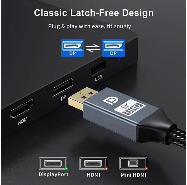 Alt view image 5 of 7 - 8K DisplayPort Cable 1.4 6.6ft / 2M DP Cable 1.4 8K @60Hz 4K @144Hz 1080P @240Hz VESA Certified HBR3 32.4Gbps HDCP 2.2 HDR DSC 1.2 Nylon Braided DisplayPort to DisplayPort Cord for Gaming Monitor PC