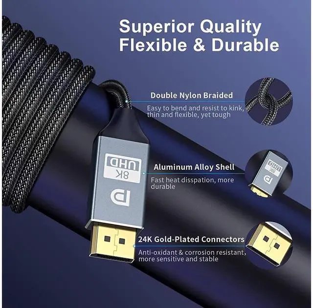 Alt view image 4 of 7 - 8K DisplayPort Cable 1.4 6.6ft / 2M DP Cable 1.4 8K @60Hz 4K @144Hz 1080P @240Hz VESA Certified HBR3 32.4Gbps HDCP 2.2 HDR DSC 1.2 Nylon Braided DisplayPort to DisplayPort Cord for Gaming Monitor PC
