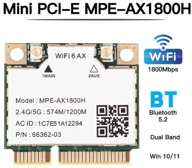 Main image of MPE-AX1800H Mini PCIE Wifi Card Dual Band 2.4GHz 5GHz Wifi 6 802.11ax 1800Mbps Wireless Bluetooth 5.2 Network Adapter for PC Windows 10/11 64bit eokCXOY