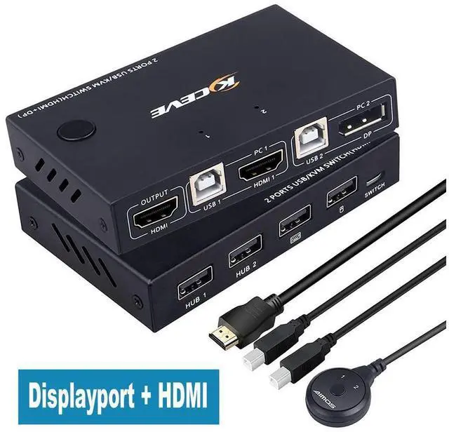 Main image of 2 Port Displayport + HDMI KVM Switch, HDMI and Displayport USB KVM Switch for 2 Computers Share One Set Keyboard Mouse Printer and One Monitor, DP Support for 1920 * 1200@30Hz HDMI Support 4K @30Hz