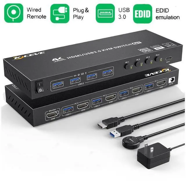 Main image of 4 Port USB 3.0 HDMI KVM Switch Support 4K@60Hz 2K@120Hz RGB 4:4:4 Simulation EDID, HDMI Switch 4 in 1 Out with 4 USB 3.0 Port for Keyboard Mouse Printer,with Controller, USB3.0 Cables and HD-MI Cables