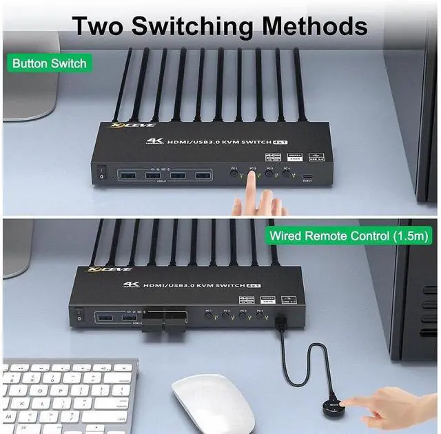 Alt view image 3 of 7 - 4 Port USB 3.0 HDMI KVM Switch Support 4K@60Hz 2K@120Hz RGB 4:4:4 Simulation EDID, HDMI Switch 4 in 1 Out with 4 USB 3.0 Port for Keyboard Mouse Printer,with Controller, USB3.0 Cables and HD-MI Cables