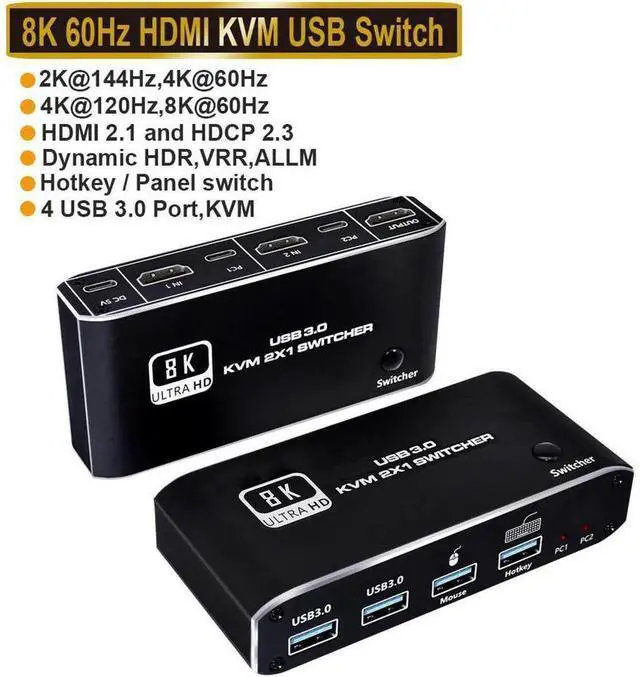 Main image of HDMI KVM Switch,AUBEAMTO 8K USB Switch 2x1 HDMI2.1 Ports + 4X USB3.0 KVM Ports, Share 2 Computers one Monitor Switch,Supports 8K 60Hz,4K 120Hz,YUV 4:4:4, HDCP 2.3, HDR 10, Hotkey