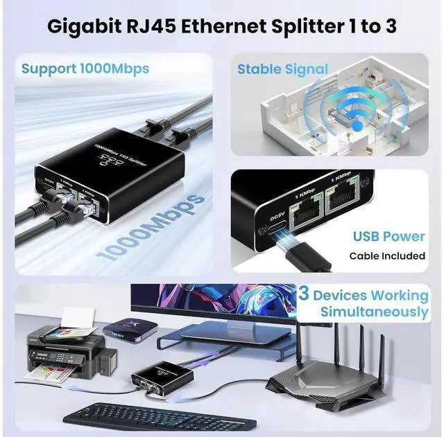Alt view image 2 of 7 - Gigabit Ethernet Splitter 1 to 3, 1000Mbps Ethernet Cable Splitte Extend Network(3 Devices Simultaneous Networking), Ethernet Splitter High Speed with USB Power Cable for Cat5/5e/6/7/8 Cable eokCXOY