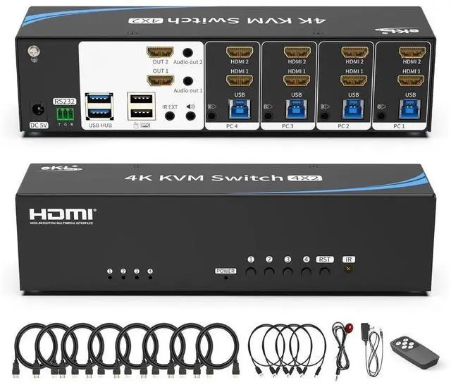 Main image of Real Seamless Switching USB 3.0 HDMI KVM Switch Dual Monitors 4 Computers 4K@30Hz, 4 Port Extended Display, 3.5mm Audio, EDID Emulators, Button, Hotkey, Remote Control, Mouse, RS232 Code Switching