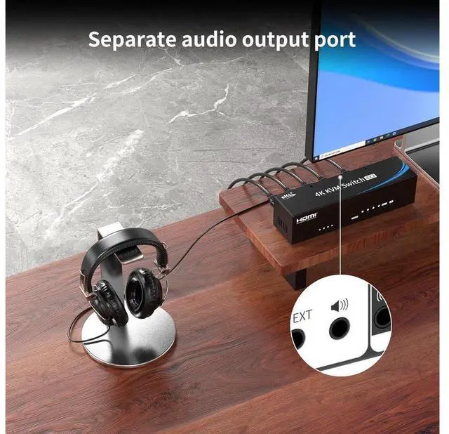 Alt view image 7 of 7 - Real Seamless Switching USB 3.0 HDMI KVM Switch Dual Monitors 4 Computers 4K@30Hz, 4 Port Extended Display, 3.5mm Audio, EDID Emulators, Button, Hotkey, Remote Control, Mouse, RS232 Code Switching