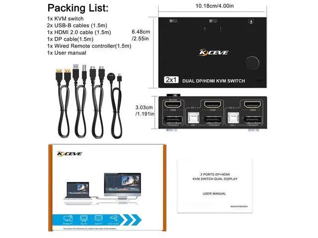 Alt view image 7 of 7 - 2 Port Dual Monitor Displayport HDMI KVM Switch 4K@60Hz, HDMI DP Extended Display Switcher for 2 Computers Share 2 Monitors (DP+HDMI Port) with 4 USB 2.0 Hub, Desktop Controller and USB HDMI DP Cables