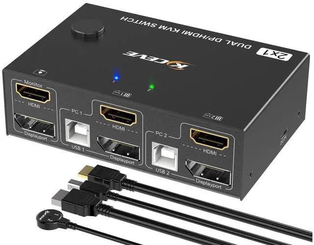Main image of 2 Port Dual Monitor Displayport HDMI KVM Switch 4K@60Hz, HDMI DP Extended Display Switcher for 2 Computers Share 2 Monitors (DP+HDMI Port) with 4 USB 2.0 Hub, Desktop Controller and USB HDMI DP Cables