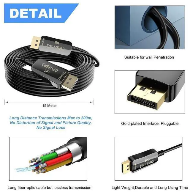 Alt view image 2 of 7 - Fiber Displayport Cable 50ft, Fiber Optic Displayport 1.4 Cable Support 32.4 Gbps, 8k@60hz, 4K@144Hz, Slim and Flexible Fiber DP to DP Cable eokCXOY