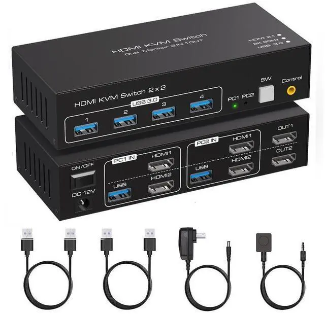 Main image of HDMI KVM Switch Monitors 2 Computers, 8K60HZ/4K120Hz KVM Switch Dual Monitors 2 Computers with 4 USB 3.0 Port, HDMI KVM Switch 2 Port Support Button and Remote Switch, 2 PC Sharing 4 USB Devices