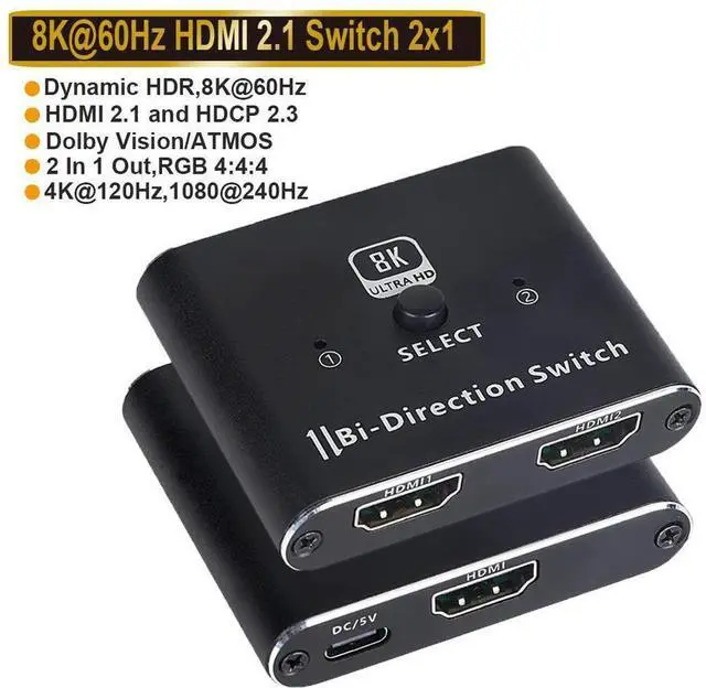 Main image of HDMI 2.1 Switch, 8K Bi-Directional HDMI Switcher Splitter Supports 8K@60Hz, 4K@120Hz, 1080P@240Hz Compatible with PS4/PS5 Projectors Monitor Blu-Ray Player Xbox etc eokCXOY