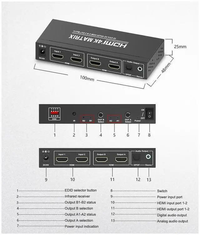 Alt view image 3 of 7 - 4K*2K@60Hz 2x2 HDMI Matrix Switcher 4K HDMI Video Switch SPDIF Stereo Audio Extractor Adapter 3D Switcher 2 in 2 Out HDMI Splitter for PS4/PS3 TV Box eokCXOY