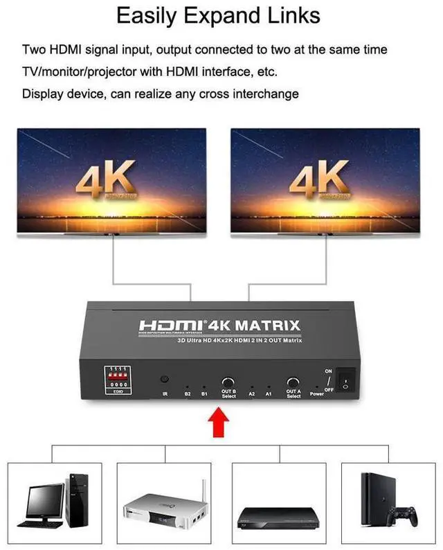 Alt view image 4 of 7 - 4K*2K@60Hz 2x2 HDMI Matrix Switcher 4K HDMI Video Switch SPDIF Stereo Audio Extractor Adapter 3D Switcher 2 in 2 Out HDMI Splitter for PS4/PS3 TV Box eokCXOY