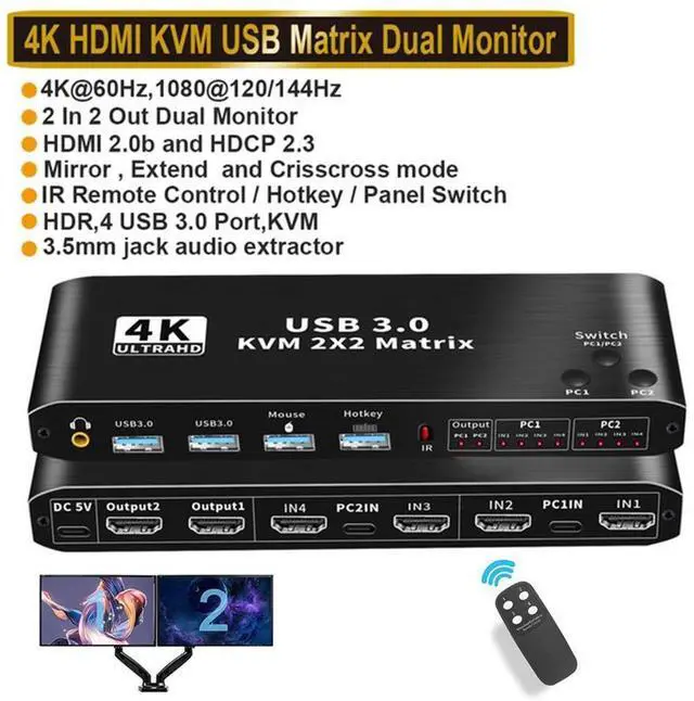 Main image of HDMI KVM Matrix Switch 2x2, Dual Monitor USB HDMI KVM Switch with USB 3.0 Hub, 4k@60Hz HDMI Extended Display USB KVM Switcher 2 in 2 Out for 2 Computers Share 2 Monitors, with IR Remote Controller