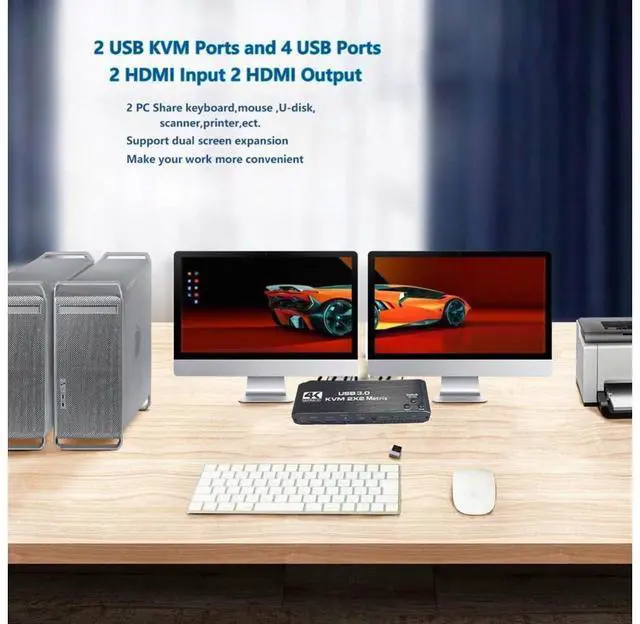Alt view image 4 of 7 - HDMI KVM Matrix Switch 2x2, Dual Monitor USB HDMI KVM Switch with USB 3.0 Hub, 4k@60Hz HDMI Extended Display USB KVM Switcher 2 in 2 Out for 2 Computers Share 2 Monitors, with IR Remote Controller