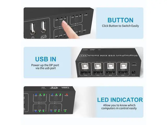Alt view image 4 of 7 - 4 in 1 Out DisplayPort KVM Switch 4x1, 4 Port 4K @60Hz USB and DP Switch for 4 Computers Share Keyboard Mouse Printer Monitor for Laptop,PC, with 4X USB Cable,1x Switch Button Cable,1x Power Cable