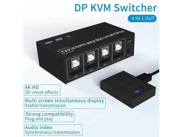 Alt view image 6 of 7 - 4 in 1 Out DisplayPort KVM Switch 4x1, 4 Port 4K @60Hz USB and DP Switch for 4 Computers Share Keyboard Mouse Printer Monitor for Laptop,PC, with 4X USB Cable,1x Switch Button Cable,1x Power Cable