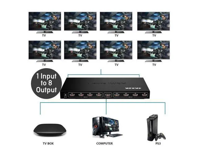 Alt view image 3 of 7 - HDMI Splitter 1 in 8 Out 1x8 / 8 Port HDMI Audio Video Out Eight Ouputs Distribution Repeater Amplifier Split Box Support HDCP 1.3 3D Full HD 4Kx2K Compatible DVD Blu-ray PS4 eokCXOY