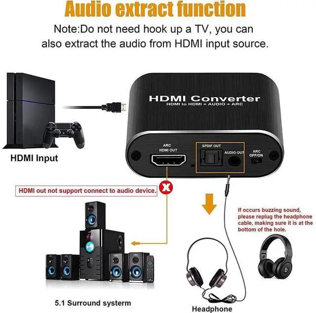 Alt view image 7 of 7 - 4K 60Hz HDMI 2.0 Audio Extractor Splitter for PS5 Xbox Series X 4K HDMI Audio 5.1 ARC converter HDMI + optical toslink SPDIF+3.5mm audio output,OZV8 eokCXOY