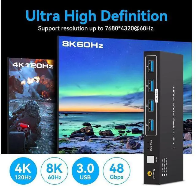 Alt view image 4 of 7 - 8K@60Hz USB 3.0 HDMI KVM Switch, 2 port 4K@120Hz HDMI KVM Switcher for 2 computers share 1 monitor and one set of Keyboard Mouse webcame and hard disk, wired controller and 12V/1A DC power included