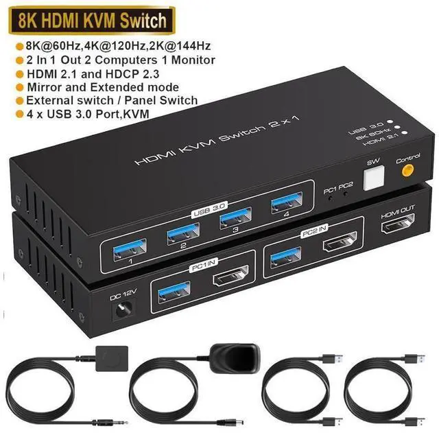 Main image of 8K@60Hz USB 3.0 HDMI KVM Switch, 2 port 4K@120Hz HDMI KVM Switcher for 2 computers share 1 monitor and one set of Keyboard Mouse webcame and hard disk, wired controller and 12V/1A DC power included