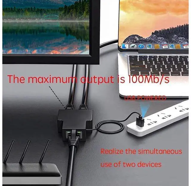Alt view image 7 of 7 - Ethernet Splitter 1 to 2 RJ45 Network Adapter with USB Power Cable, Suitable for Computer/Router/Network Box with RJ45 Interface, Compatible with Cat5/5e/6/7 eokCXOY