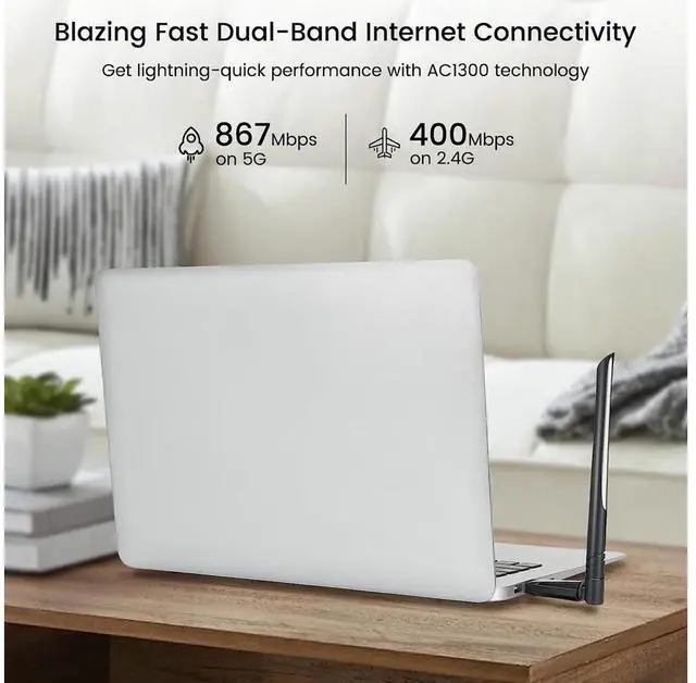 Alt view image 2 of 7 - 1300Mbps USB WiFi Adapter for Desktop PC AC1300 Wireless Network Adapter for Laptop with Dual Band 2.4GHz and 5GHz High Gain 5dBi Antenna, Supports Windows 11,10, 8.1, 8,7, and XP, MacOS 10.9-10.15
