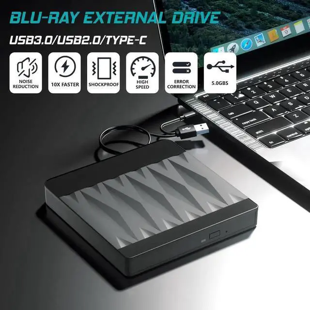 Alt view image 2 of 7 - External Blu Ray Drive, USB 3.0 and Type-C External Blu Ray Burner Portable Blu Ray DVD/CD/BD Player, 3D Optical Bluray CD DVD Drive Compatible with Windows XP/7/8/10/11 MacOS Laptop Desktop