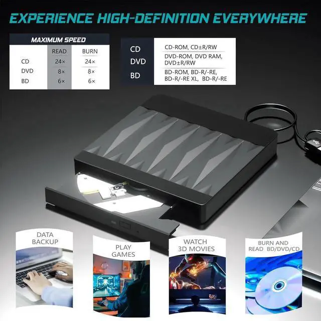 Alt view image 3 of 7 - External Blu Ray Drive, USB 3.0 and Type-C External Blu Ray Burner Portable Blu Ray DVD/CD/BD Player, 3D Optical Bluray CD DVD Drive Compatible with Windows XP/7/8/10/11 MacOS Laptop Desktop