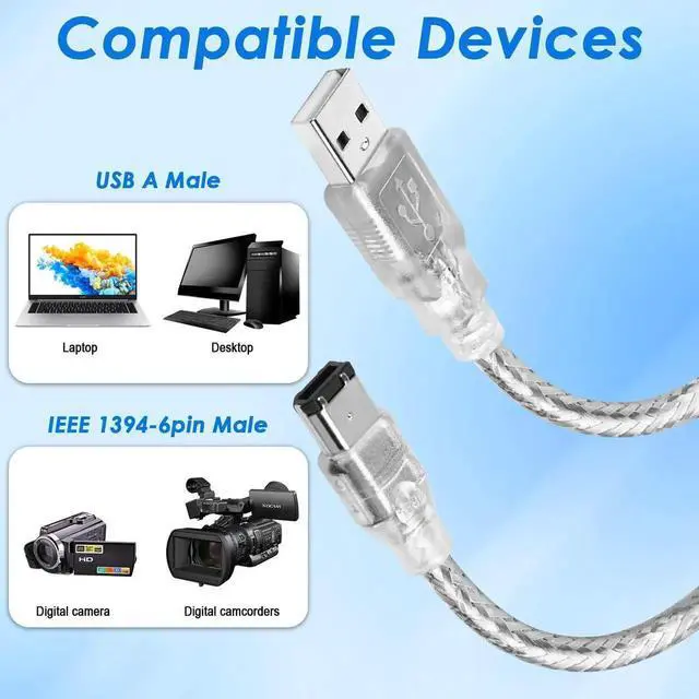 Alt view image 3 of 7 - Firewire to USB Adapter Cable 6-Pin IEEE 1394 Male to USB 2.0 Male Converter Firewire 400 1394-a to USB A Connector Cord for Digital Video Camera Printer Hard Disk (Clear Cable) 1.8m/6ft