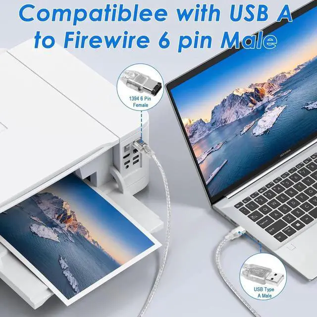 Alt view image 5 of 7 - Firewire to USB Adapter Cable 6-Pin IEEE 1394 Male to USB 2.0 Male Converter Firewire 400 1394-a to USB A Connector Cord for Digital Video Camera Printer Hard Disk (Clear Cable) 1.8m/6ft