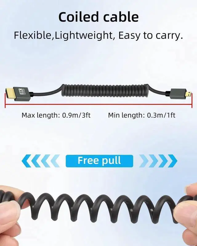 Alt view image 4 of 7 - 8K Micro HDMI to HDMI Cable 2.2FT, Short Hdmi to Micro HDMI Cable, Coiled Hdmi 2.1 Cable 8K@60Hz 48Gbps for Camera/Camcorder/HDTV/Tablet