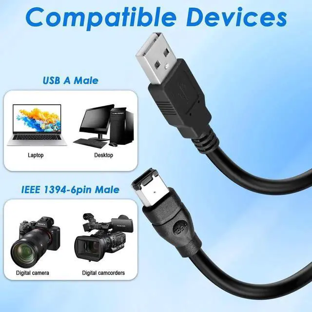 Alt view image 3 of 7 - Firewire to USB Adapter Cable 6-Pin IEEE 1394 Male to USB 2.0 Male Converter Firewire 400 1394-a to USB A Connector Cord for Printer Scanner Hard Disk (Not Compatible with Sound Card) 1.8m/6ft