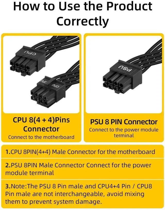 Alt view image 4 of 7 - CPU Cable for Cor/sair PSUs,60CM CPU 8Pin to 8Pin PSUs to 20CM 8 Pin (4+4) CPU Power Cable,Male to Male CPU Power Cable for Modular Power Supply(Black,18AWG)
